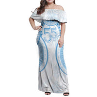 Bula Fiji Day 55th Anniversary Masi Tapa Family Matching Off Shoulder Maxi Dress and Hawaiian Shirt Emerald Jubilee - Turquoise LT7 Mom's Dress Turquoise - Polynesian Pride