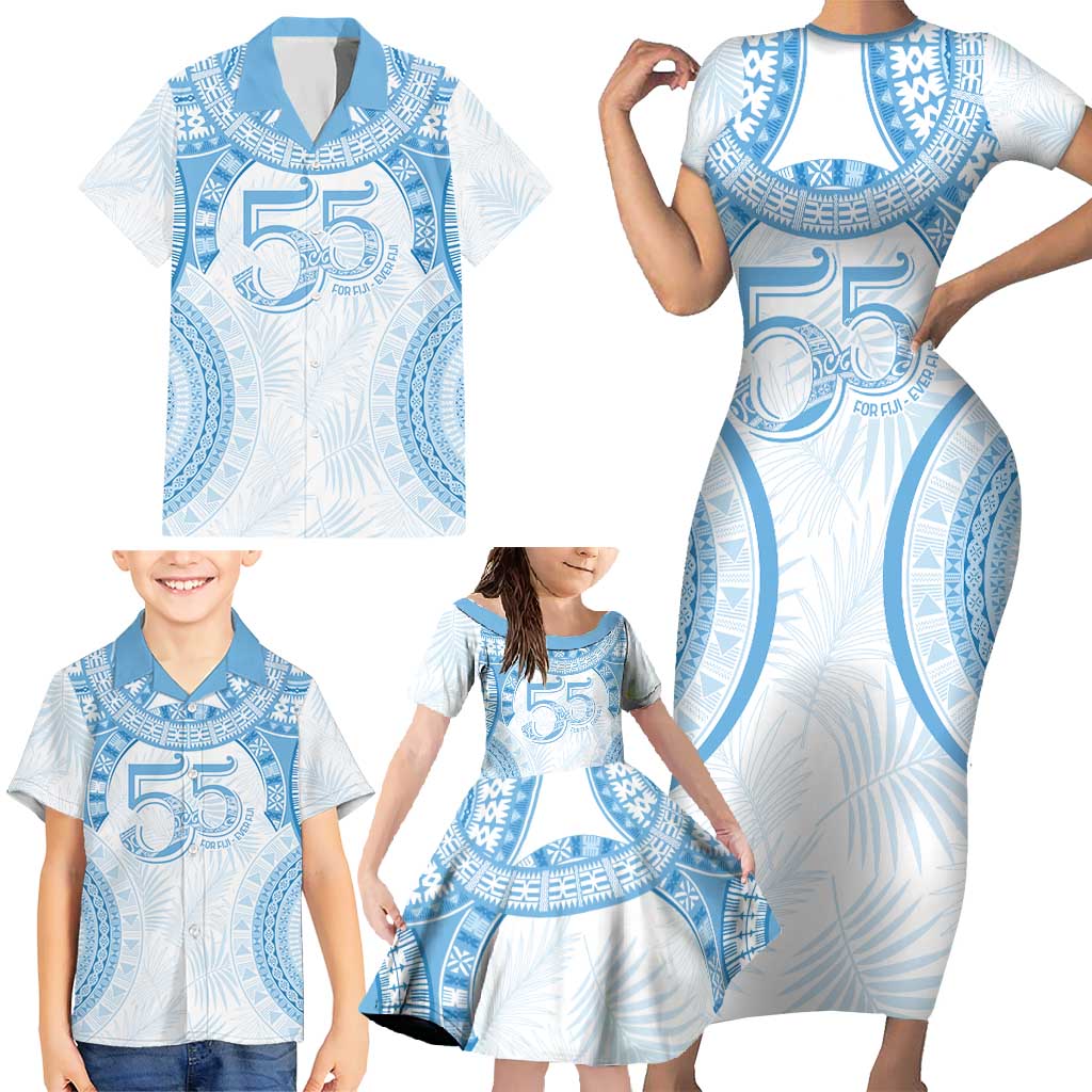 Bula Fiji Day 55th Anniversary Masi Tapa Family Matching Short Sleeve Bodycon Dress and Hawaiian Shirt Emerald Jubilee - Turquoise LT7 - Polynesian Pride