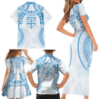 Bula Fiji Day 55th Anniversary Masi Tapa Family Matching Short Sleeve Bodycon Dress and Hawaiian Shirt Emerald Jubilee - Turquoise LT7 - Polynesian Pride