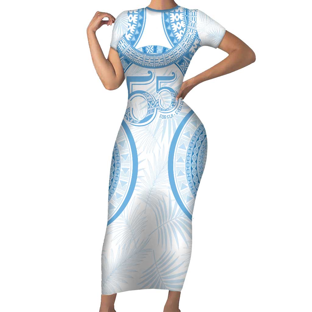 Bula Fiji Day 55th Anniversary Masi Tapa Family Matching Short Sleeve Bodycon Dress and Hawaiian Shirt Emerald Jubilee - Turquoise LT7 Mom's Dress Turquoise - Polynesian Pride