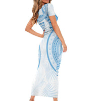 Bula Fiji Day 55th Anniversary Masi Tapa Family Matching Short Sleeve Bodycon Dress and Hawaiian Shirt Emerald Jubilee - Turquoise LT7 - Polynesian Pride