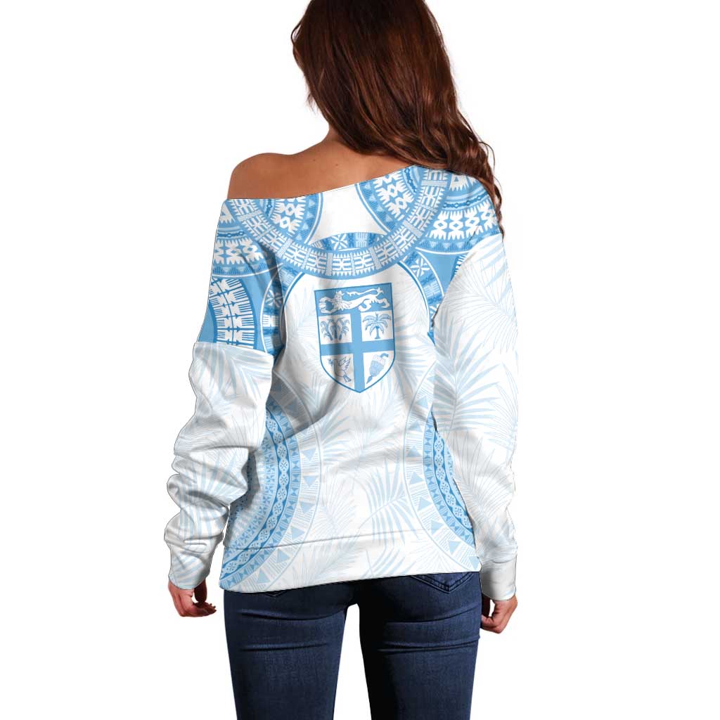 Bula Fiji Day 55th Anniversary Masi Tapa Off Shoulder Sweater Emerald Jubilee - Turquoise LT7 - Polynesian Pride