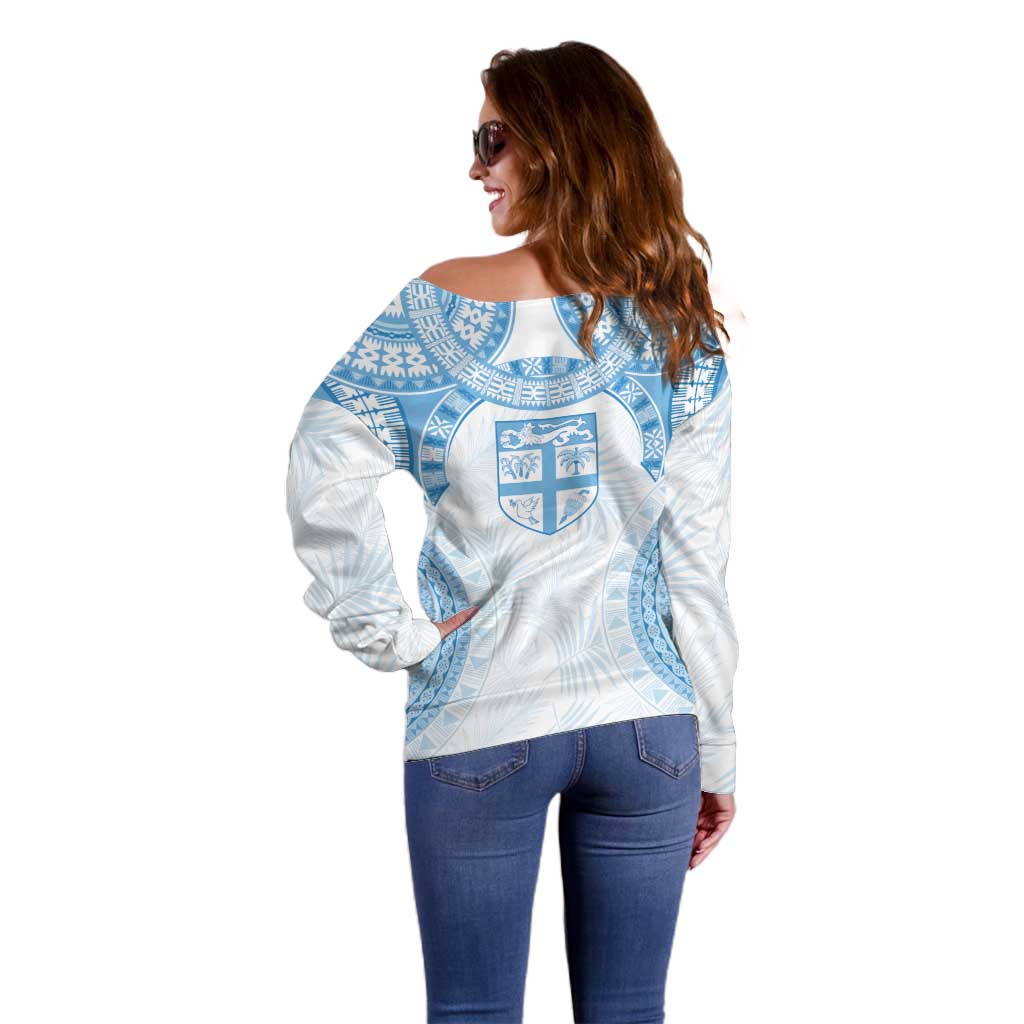 Bula Fiji Day 55th Anniversary Masi Tapa Off Shoulder Sweater Emerald Jubilee - Turquoise LT7 - Polynesian Pride