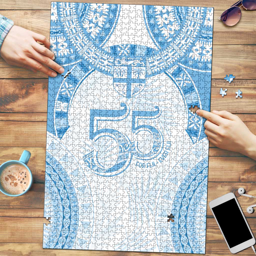 Bula Fiji Day 55th Anniversary Masi Tapa Puzzle Emerald Jubilee - Turquoise - Polynesian Pride