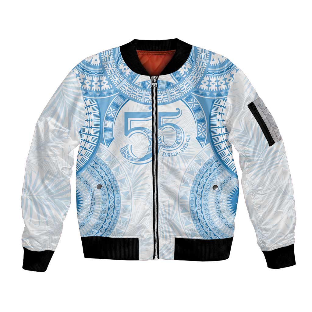 Bula Fiji Day 55th Anniversary Masi Tapa Sleeve Zip Bomber Jacket Emerald Jubilee - Turquoise - Polynesian Pride