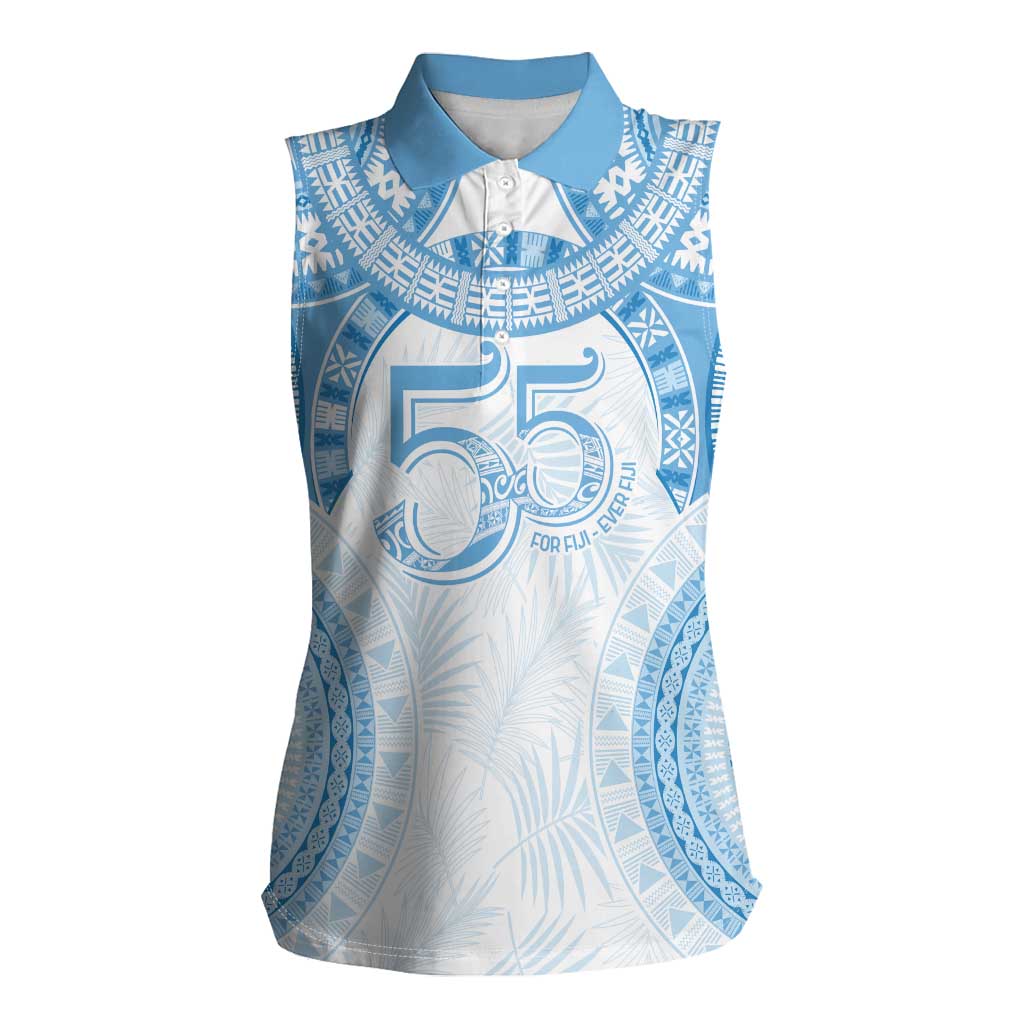 Bula Fiji Day 55th Anniversary Masi Tapa Women Sleeveless Polo Shirt Emerald Jubilee - Turquoise - Polynesian Pride