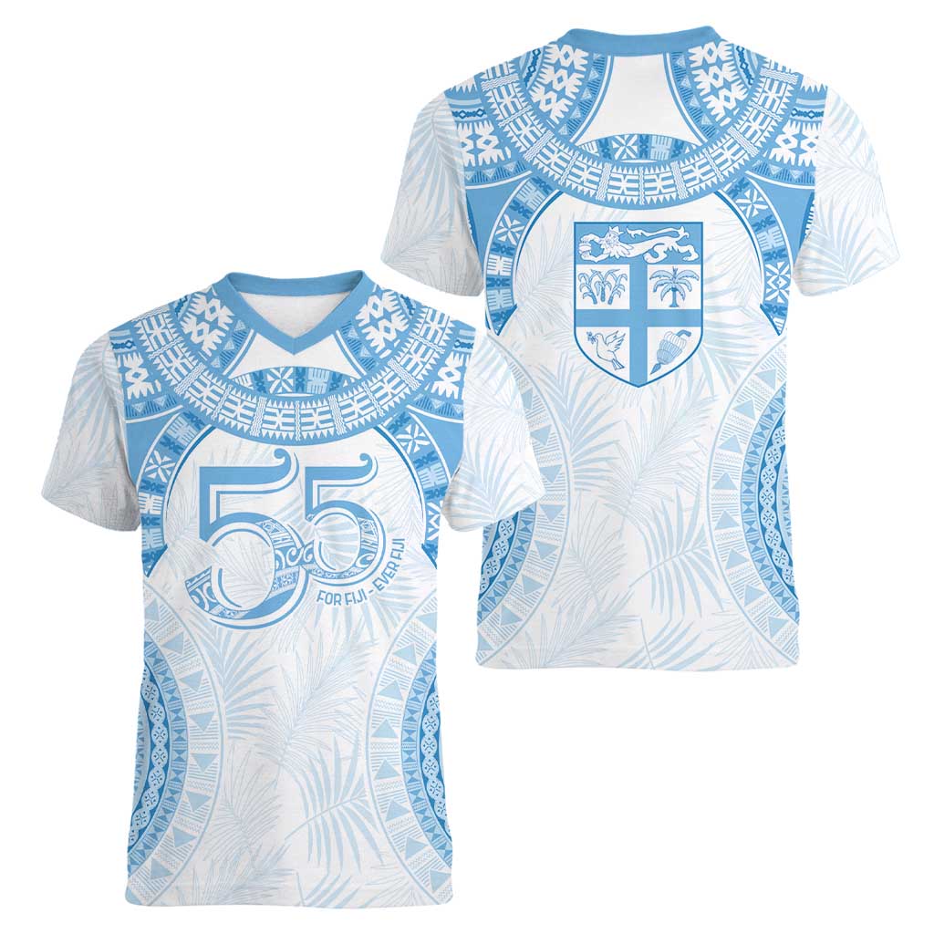 Bula Fiji Day 55th Anniversary Masi Tapa Women V-Neck T-Shirt Emerald Jubilee - Turquoise - Polynesian Pride