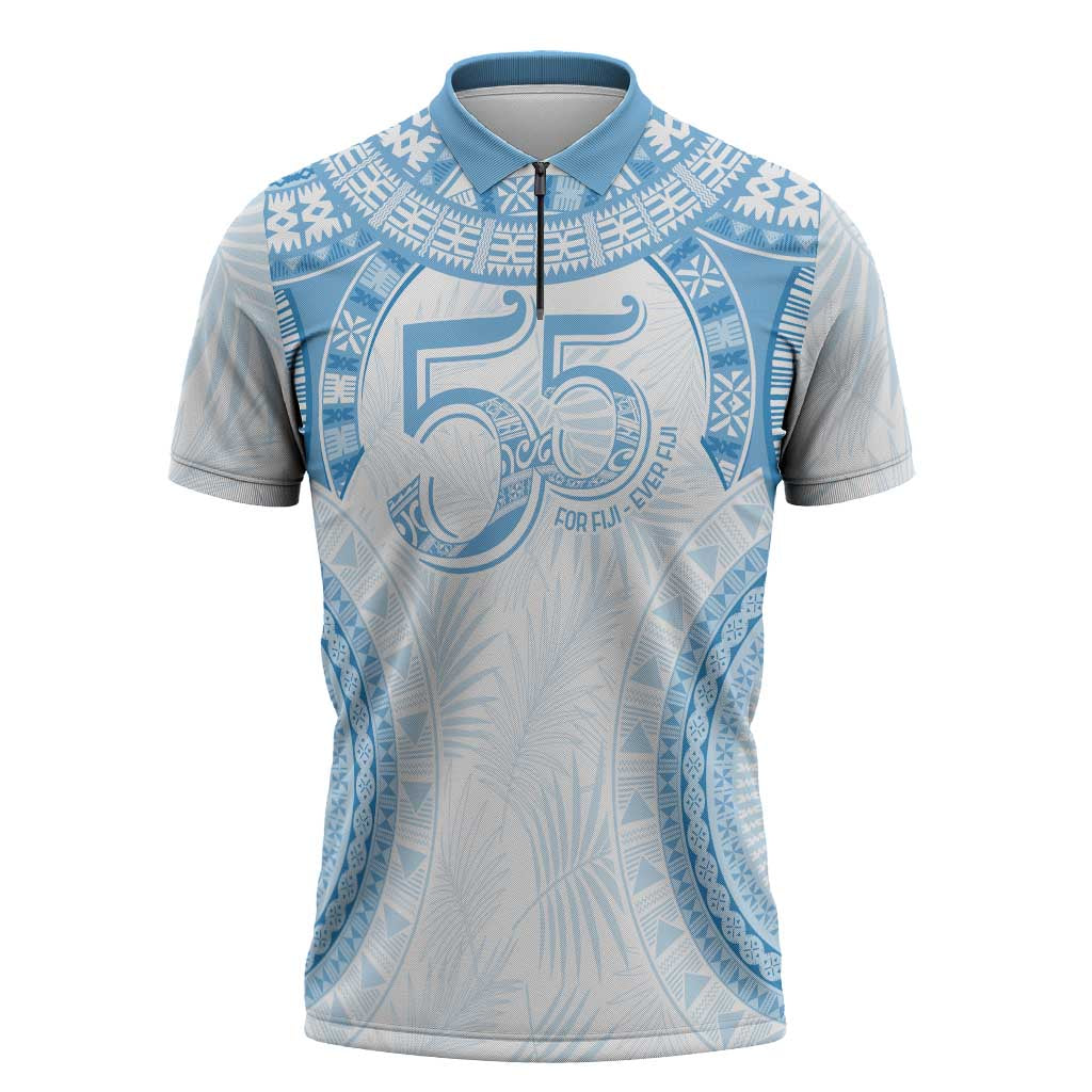 Bula Fiji Day 55th Anniversary Masi Tapa Zipper Polo Shirt Emerald Jubilee - Turquoise - Polynesian Pride