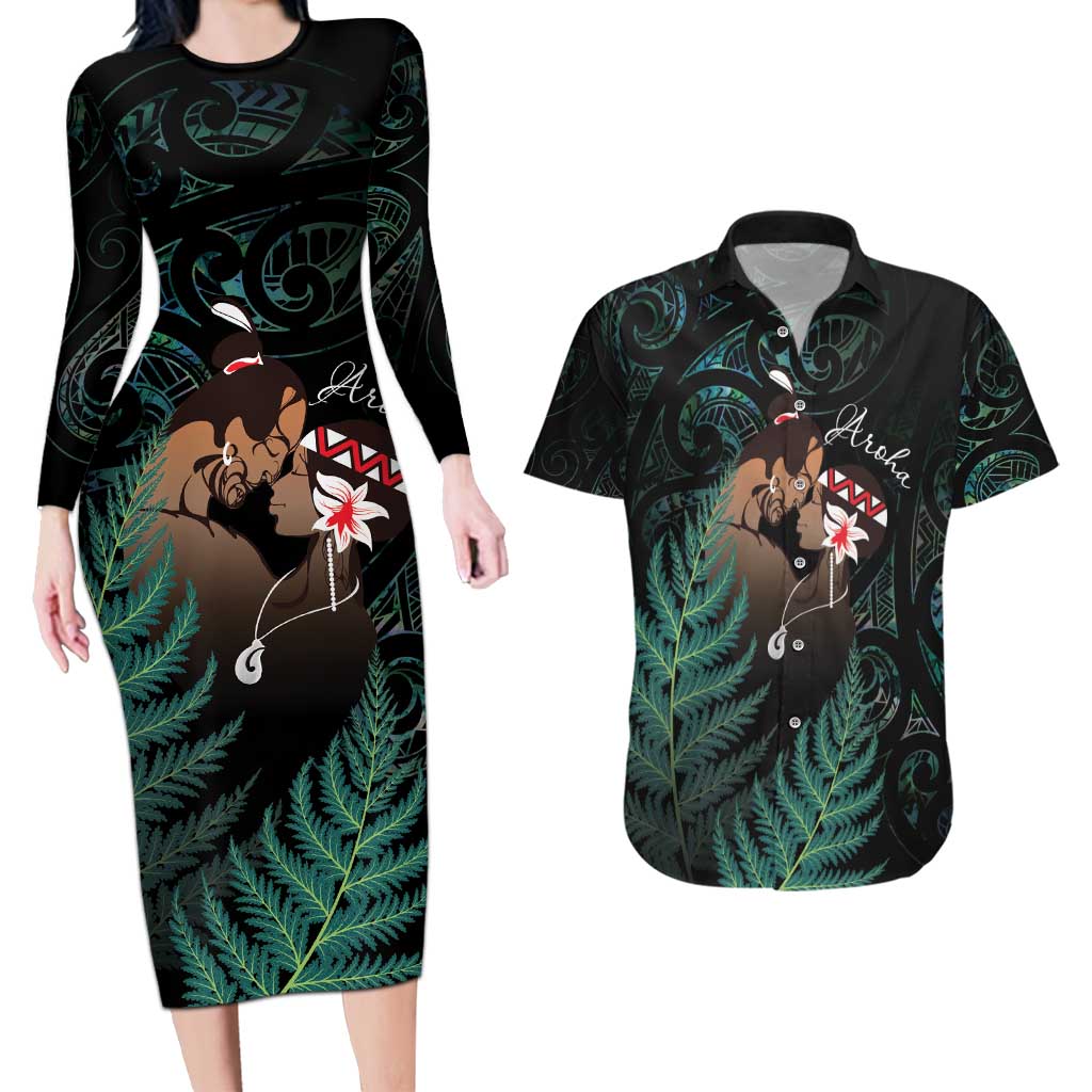 Maori Hongi Valentine Couples Matching Long Sleeve Bodycon Dress and Hawaiian Shirt Aroha Ahau Ki A Koe LT7 Emerald - Polynesian Pride