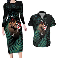 Maori Hongi Valentine Couples Matching Long Sleeve Bodycon Dress and Hawaiian Shirt Aroha Ahau Ki A Koe LT7 Emerald - Polynesian Pride