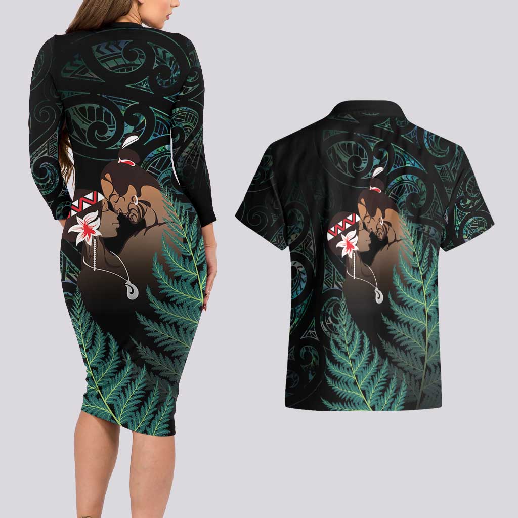 Maori Hongi Valentine Couples Matching Long Sleeve Bodycon Dress and Hawaiian Shirt Aroha Ahau Ki A Koe LT7 - Polynesian Pride