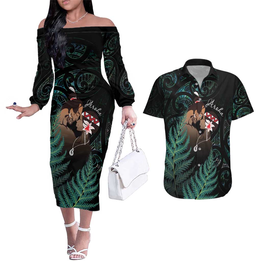 Maori Hongi Valentine Couples Matching Off The Shoulder Long Sleeve Dress and Hawaiian Shirt Aroha Ahau Ki A Koe LT7 Emerald - Polynesian Pride