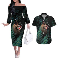 Maori Hongi Valentine Couples Matching Off The Shoulder Long Sleeve Dress and Hawaiian Shirt Aroha Ahau Ki A Koe LT7 Emerald - Polynesian Pride