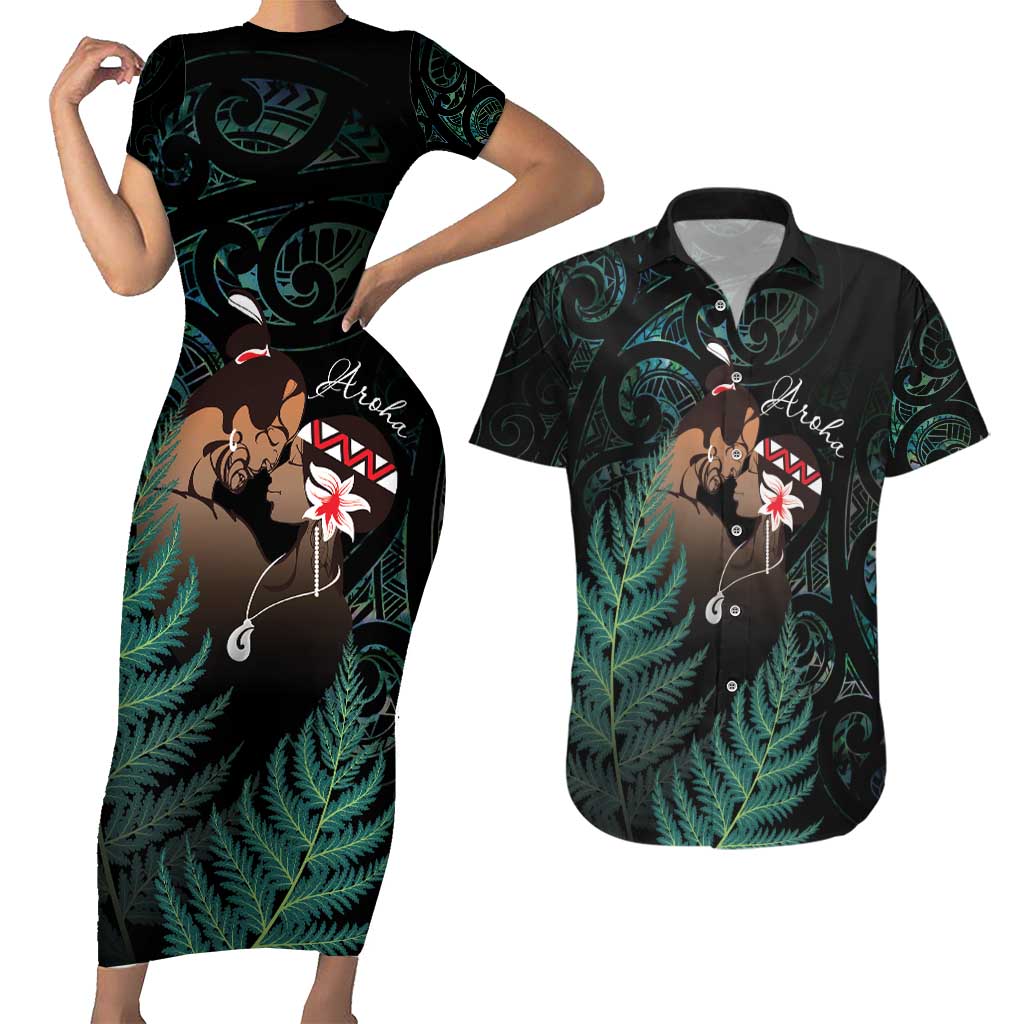 Maori Hongi Valentine Couples Matching Short Sleeve Bodycon Dress and Hawaiian Shirt Aroha Ahau Ki A Koe LT7 Emerald - Polynesian Pride