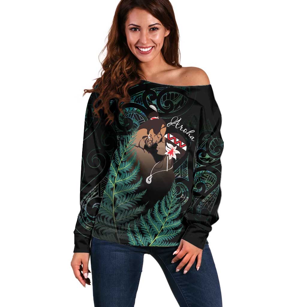 Maori Hongi Valentine Off Shoulder Sweater Aroha Ahau Ki A Koe