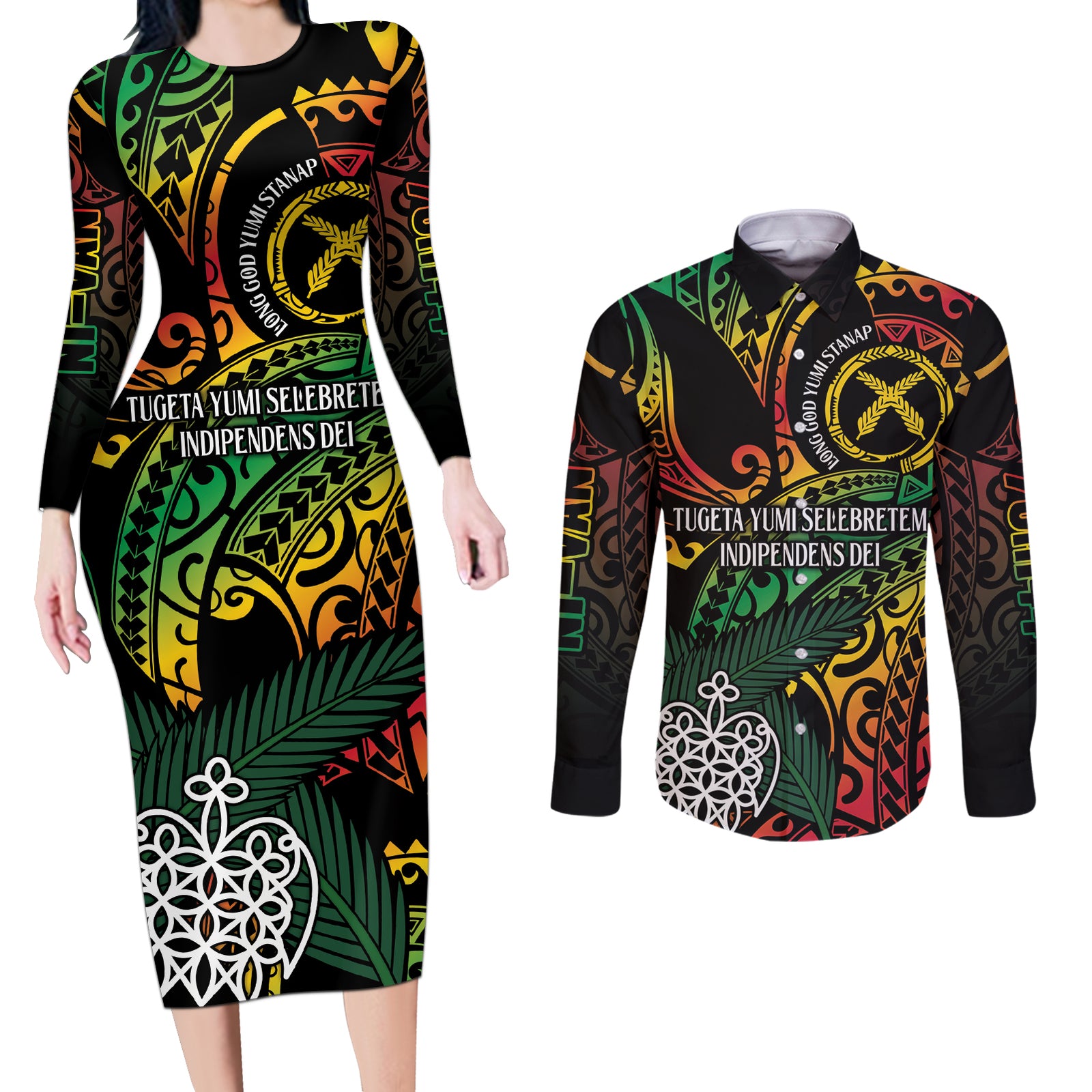 Vanuatu Indipendens Dei Couples Matching Long Sleeve Bodycon Dress and Long Sleeve Button Shirt Mix Traditional Sand Drawing