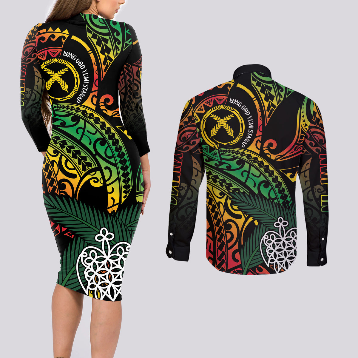Vanuatu Indipendens Dei Couples Matching Long Sleeve Bodycon Dress and Long Sleeve Button Shirt Mix Traditional Sand Drawing