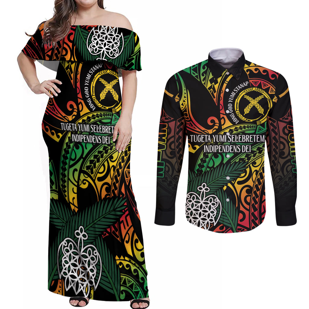 Vanuatu Indipendens Dei Couples Matching Off Shoulder Maxi Dress and Long Sleeve Button Shirt Mix Traditional Sand Drawing