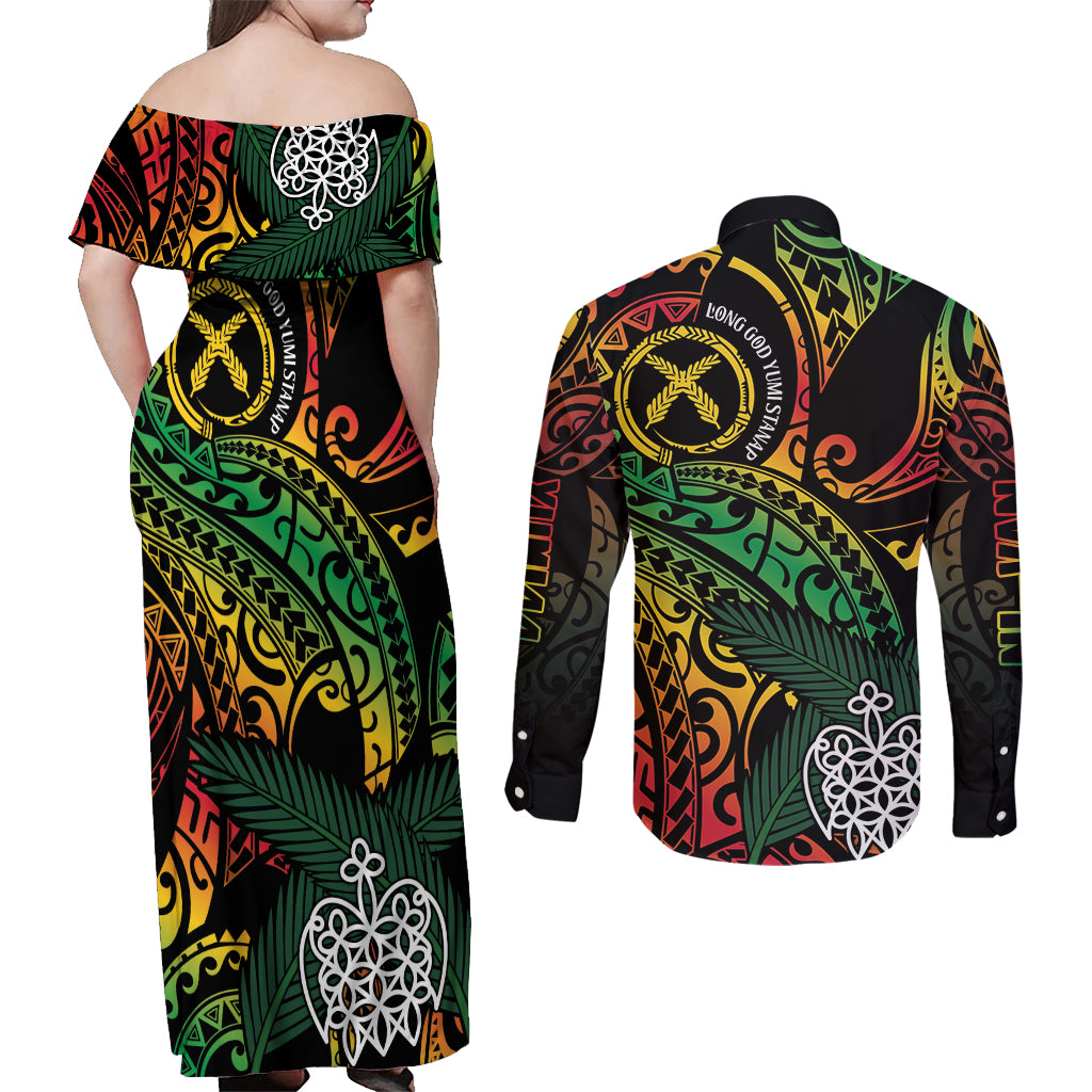 Vanuatu Indipendens Dei Couples Matching Off Shoulder Maxi Dress and Long Sleeve Button Shirt Mix Traditional Sand Drawing