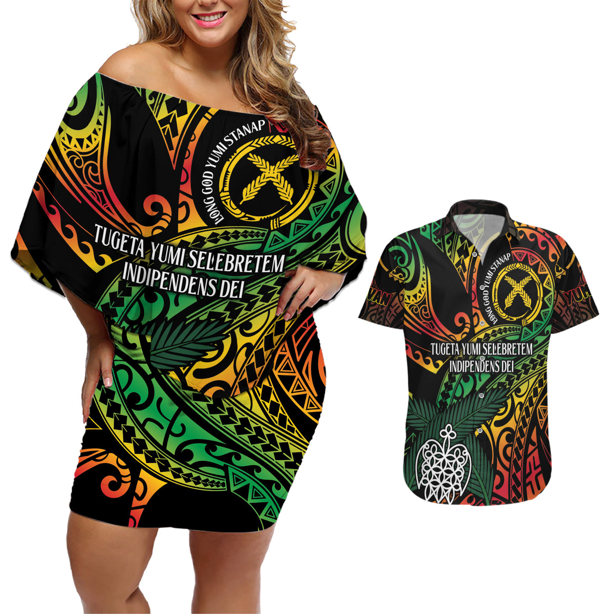 Vanuatu Indipendens Dei Couples Matching Off Shoulder Short Dress and Hawaiian Shirt Mix Traditional Sand Drawing