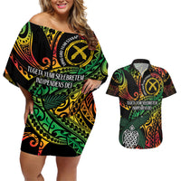 Vanuatu Indipendens Dei Couples Matching Off Shoulder Short Dress and Hawaiian Shirt Mix Traditional Sand Drawing