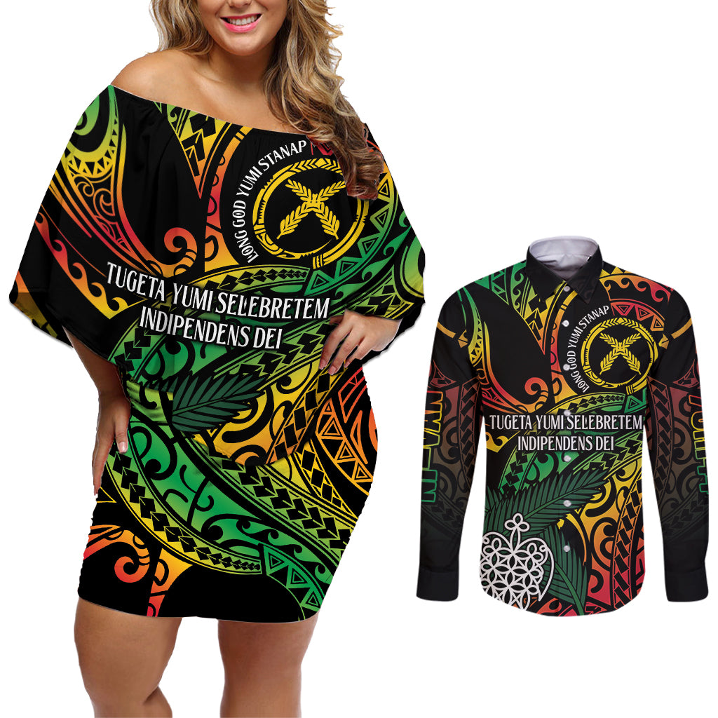Vanuatu Indipendens Dei Couples Matching Off Shoulder Short Dress and Long Sleeve Button Shirt Mix Traditional Sand Drawing
