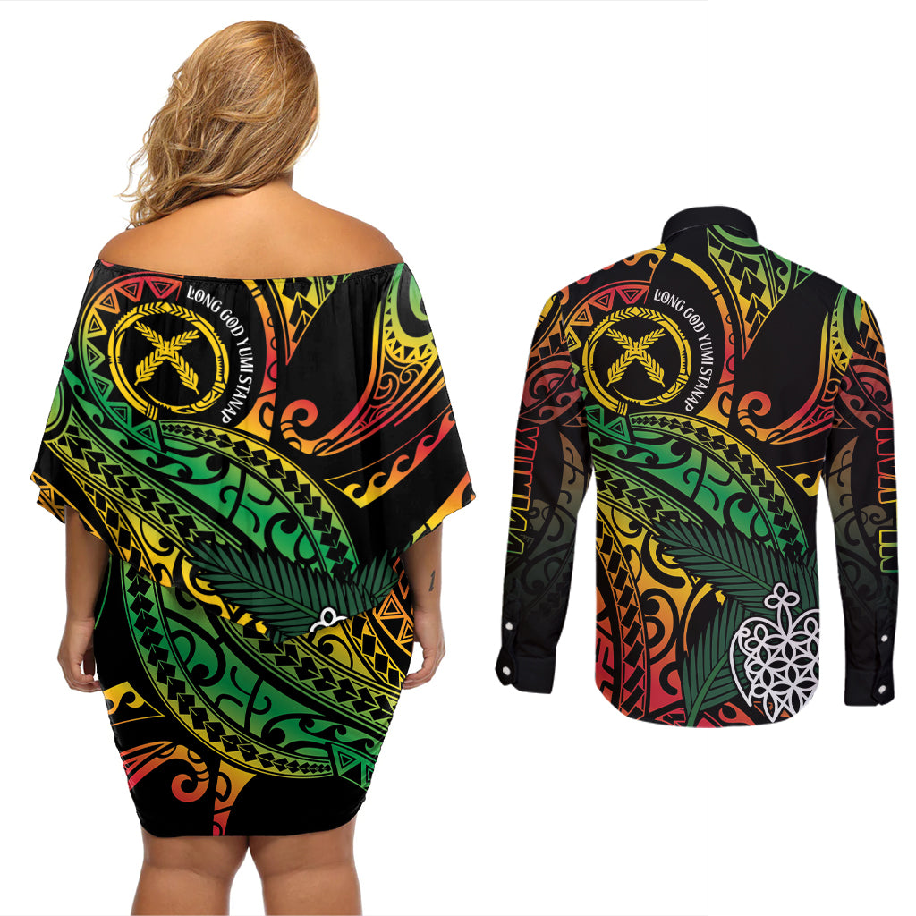 Vanuatu Indipendens Dei Couples Matching Off Shoulder Short Dress and Long Sleeve Button Shirt Mix Traditional Sand Drawing