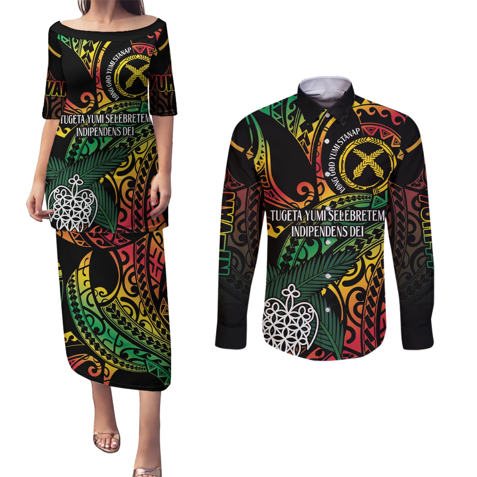 Vanuatu Indipendens Dei Couples Matching Puletasi and Long Sleeve Button Shirt Mix Traditional Sand Drawing