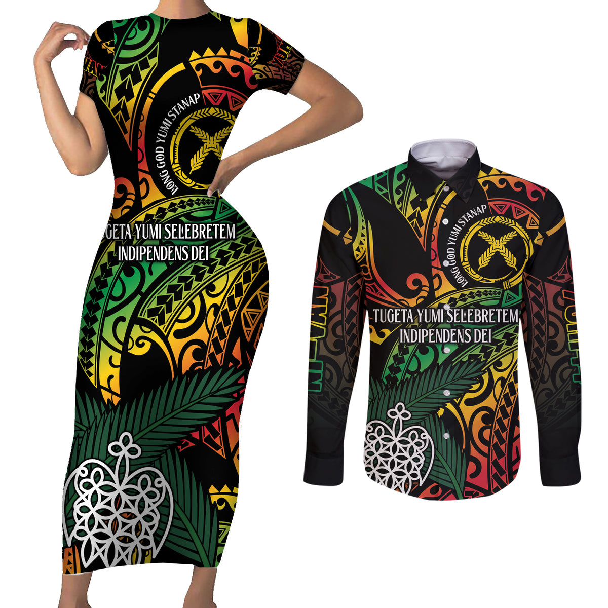 Vanuatu Indipendens Dei Couples Matching Short Sleeve Bodycon Dress and Long Sleeve Button Shirt Mix Traditional Sand Drawing