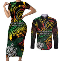 Vanuatu Indipendens Dei Couples Matching Short Sleeve Bodycon Dress and Long Sleeve Button Shirt Mix Traditional Sand Drawing