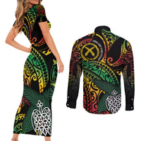 Vanuatu Indipendens Dei Couples Matching Short Sleeve Bodycon Dress and Long Sleeve Button Shirt Mix Traditional Sand Drawing