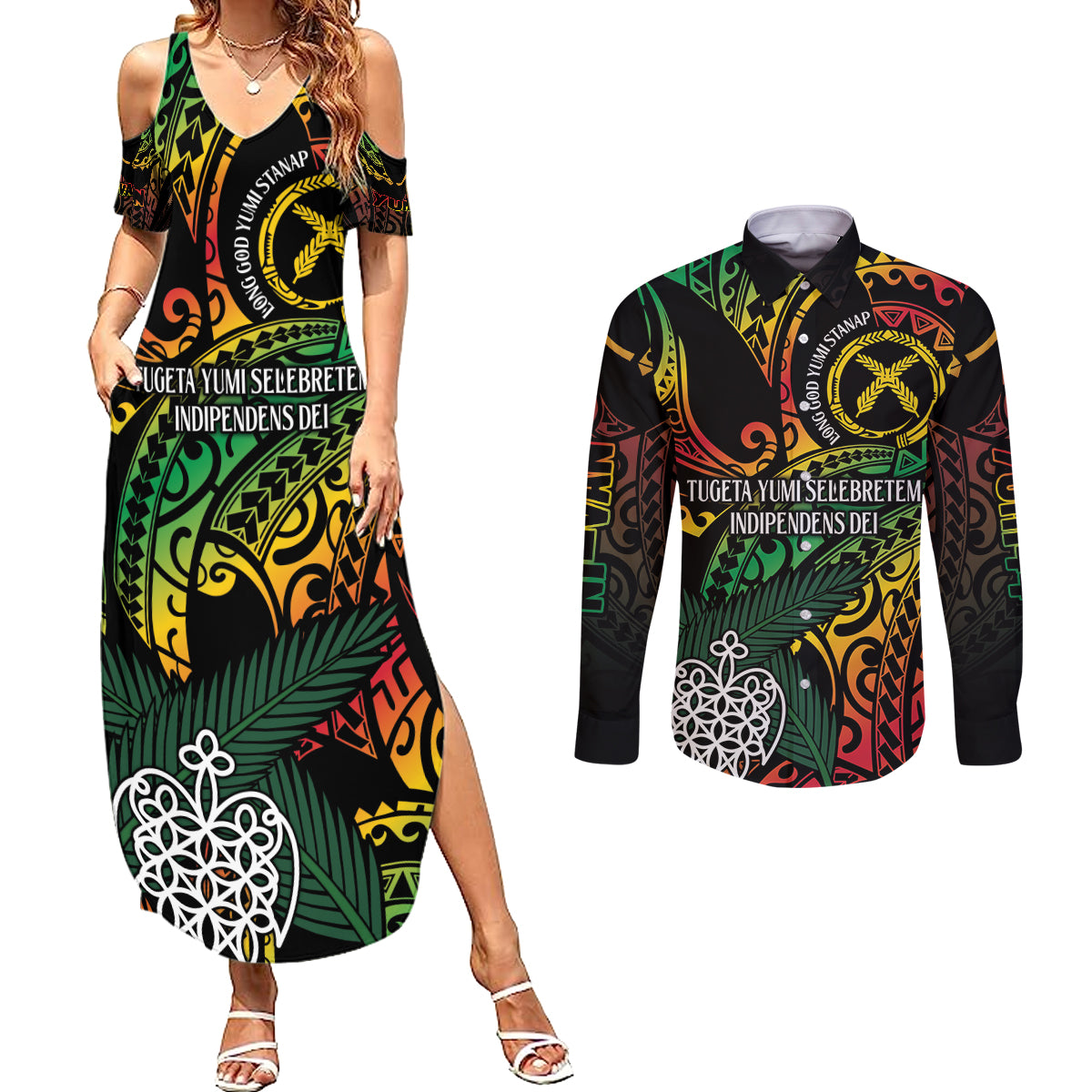 Vanuatu Indipendens Dei Couples Matching Summer Maxi Dress and Long Sleeve Button Shirt Mix Traditional Sand Drawing