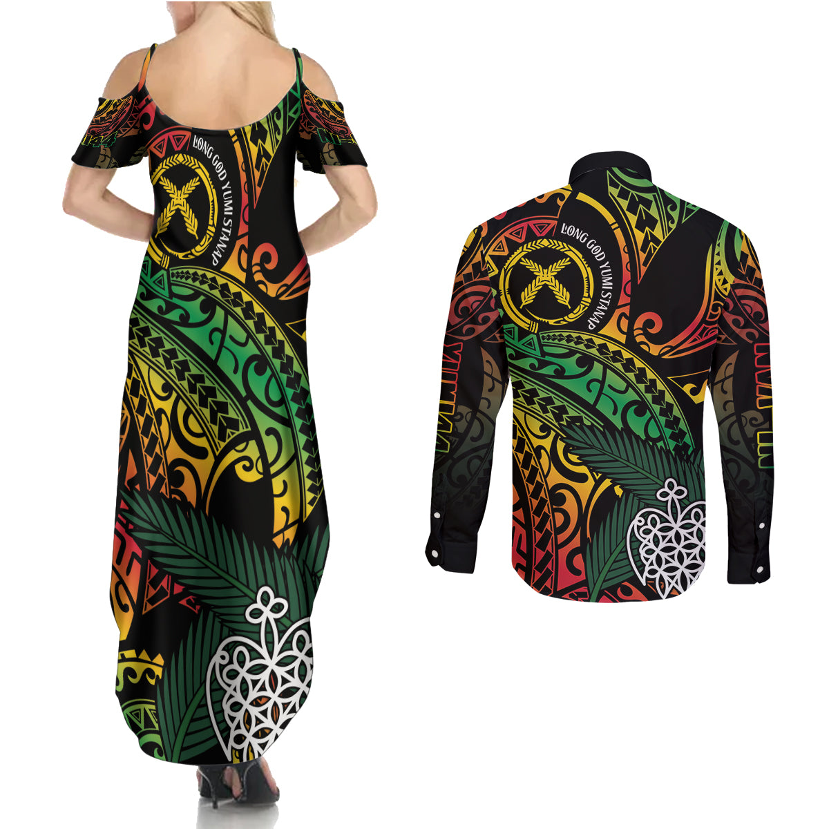 Vanuatu Indipendens Dei Couples Matching Summer Maxi Dress and Long Sleeve Button Shirt Mix Traditional Sand Drawing
