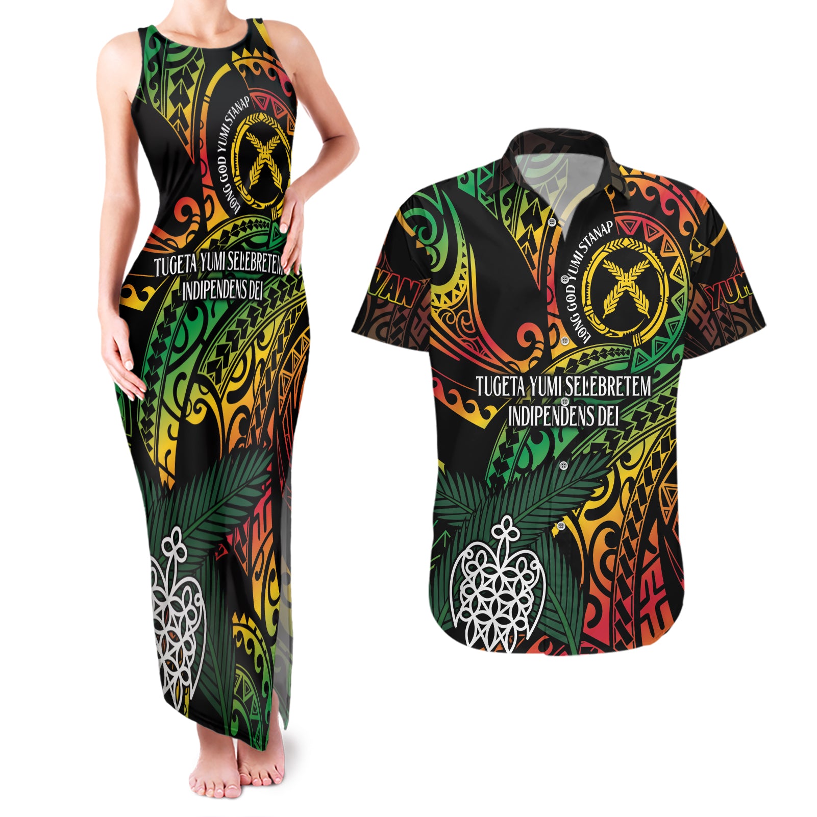 Vanuatu Indipendens Dei Couples Matching Tank Maxi Dress and Hawaiian Shirt Mix Traditional Sand Drawing