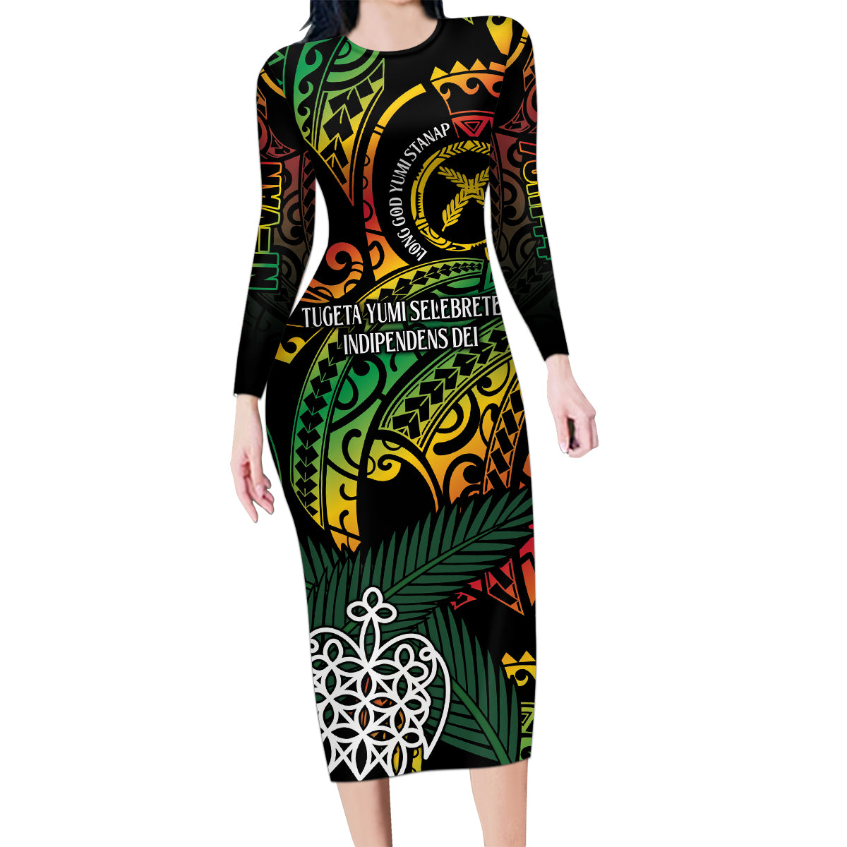 Vanuatu Indipendens Dei Family Matching Long Sleeve Bodycon Dress and Hawaiian Shirt Mix Traditional Sand Drawing LT7 Mom's Dress Colorful - Polynesian Pride