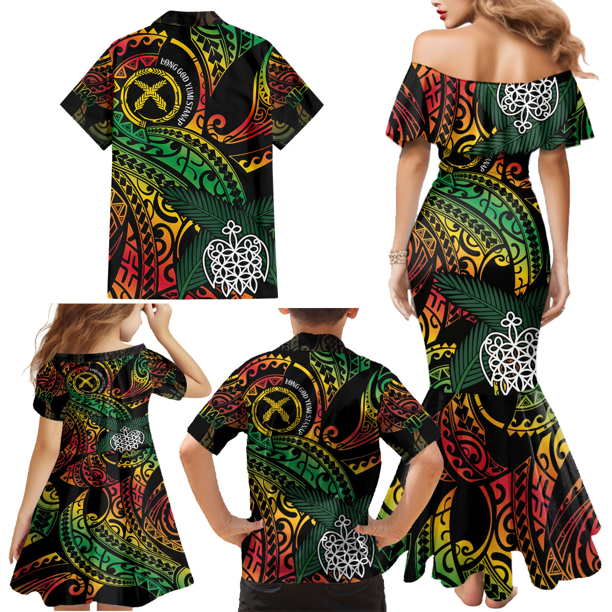 Vanuatu Indipendens Dei Family Matching Mermaid Dress and Hawaiian Shirt Mix Traditional Sand Drawing