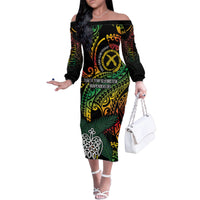 Vanuatu Indipendens Dei Family Matching Off The Shoulder Long Sleeve Dress and Hawaiian Shirt Mix Traditional Sand Drawing LT7 Mom's Dress Colorful - Polynesian Pride