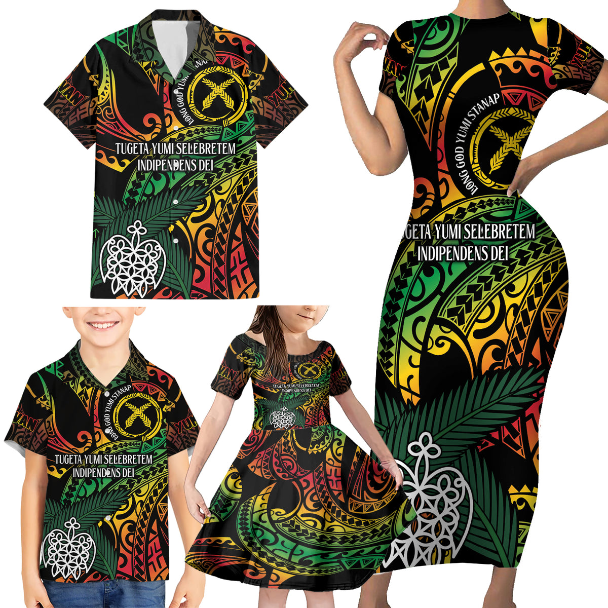 Vanuatu Indipendens Dei Family Matching Short Sleeve Bodycon Dress and Hawaiian Shirt Mix Traditional Sand Drawing LT7 - Polynesian Pride