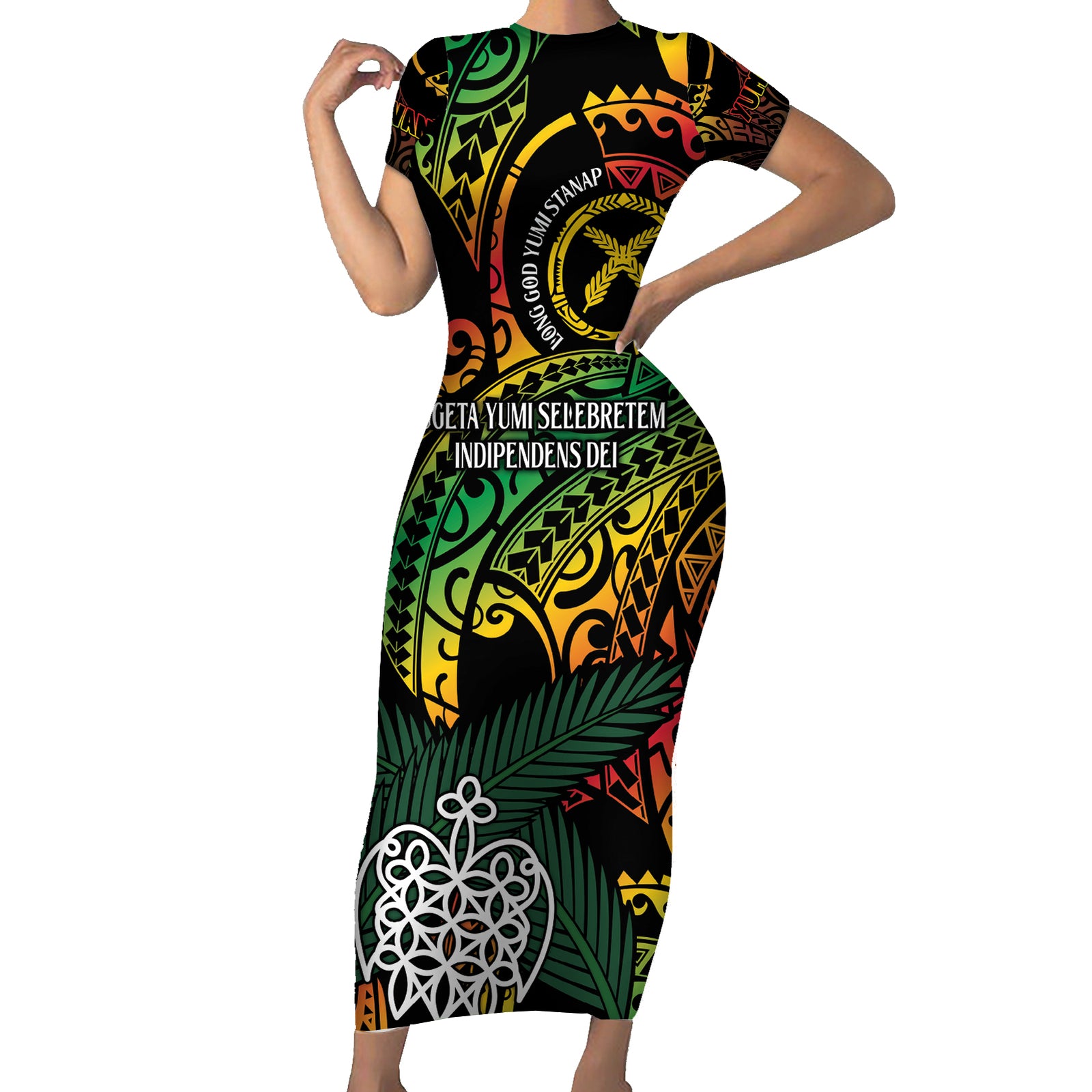 Vanuatu Indipendens Dei Short Sleeve Bodycon Dress Mix Traditional Sand Drawing