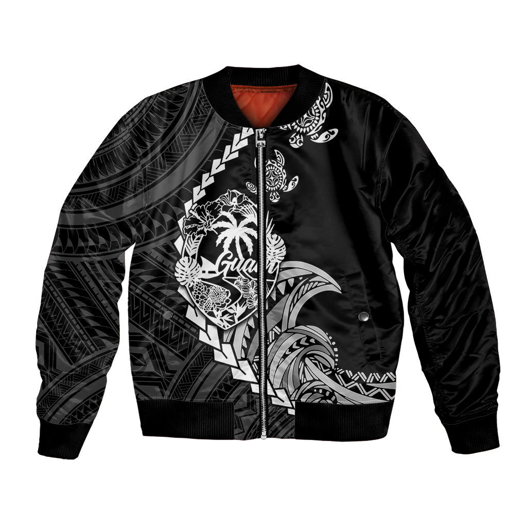 Personalised Guam Bomber Jacket Tribal Turtles Curves Style - Black LT7 Unisex Black - Polynesian Pride