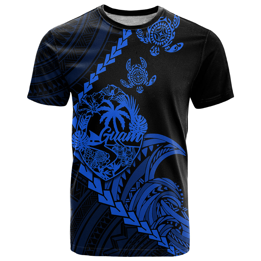Custom Guam T Shirt Tribal Turtles Curves Style Blue LT7 Blue - Polynesian Pride