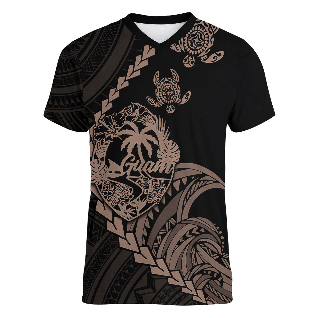 Personalised Guam Women V Neck T Shirt Tribal Turtles Curves Style - Brown LT7 Female Brown - Polynesian Pride