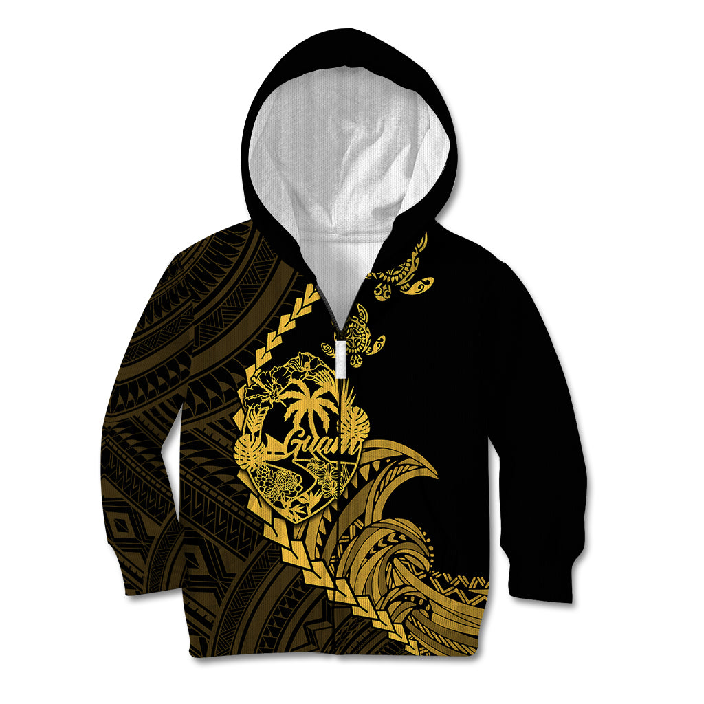 Personalised Guam Kid Hoodie Tribal Turtles Curves Style - Gold LT7 Zip Hoodie Gold - Polynesian Pride
