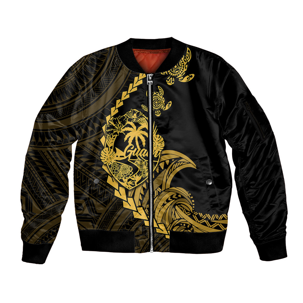 Personalised Guam Sleeve Zip Bomber Jacket Tribal Turtles Curves Style - Gold LT7 Unisex Gold - Polynesian Pride