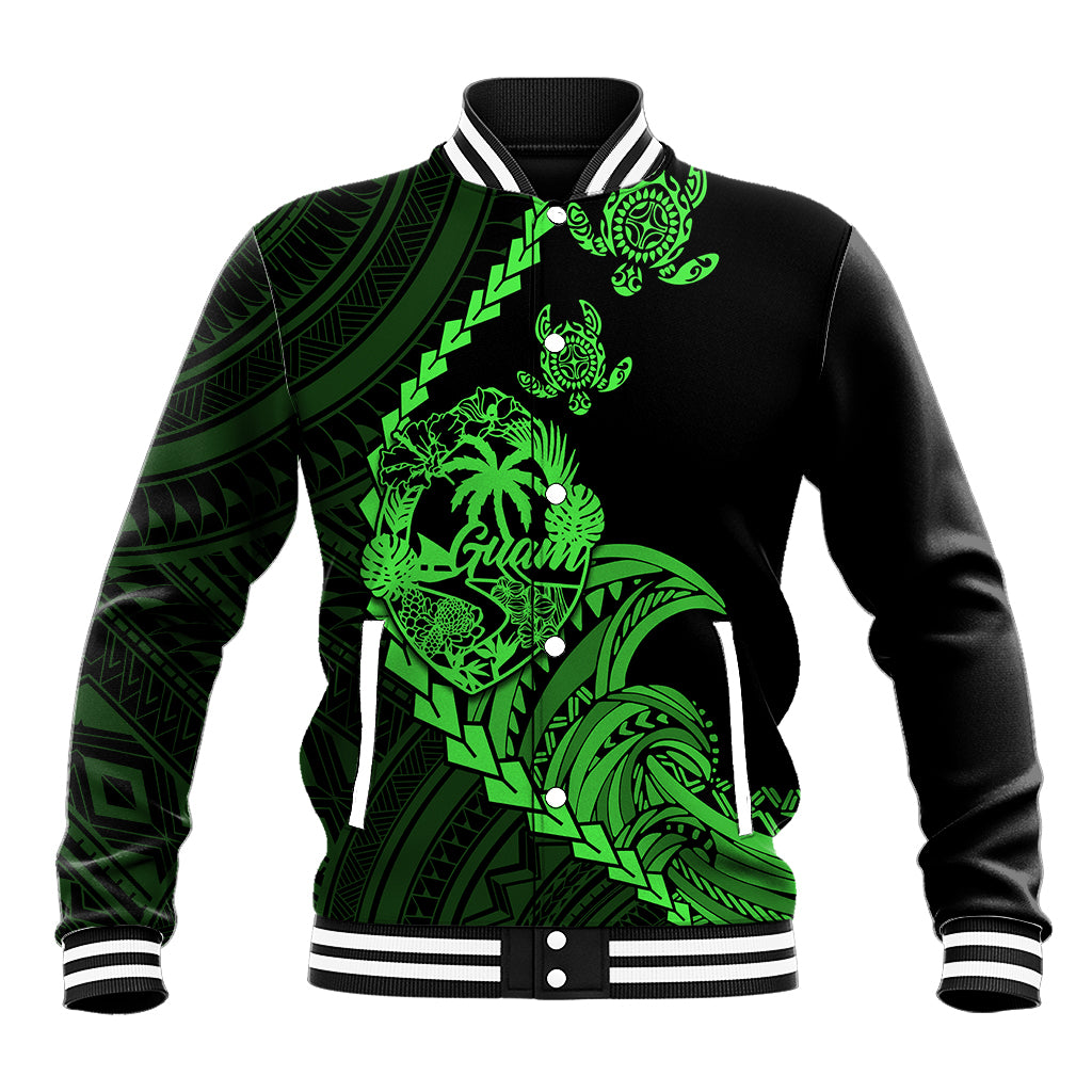 Personalised Guam Baseball Jacket Tribal Turtles Curves Style - Green LT7 Unisex Green - Polynesian Pride