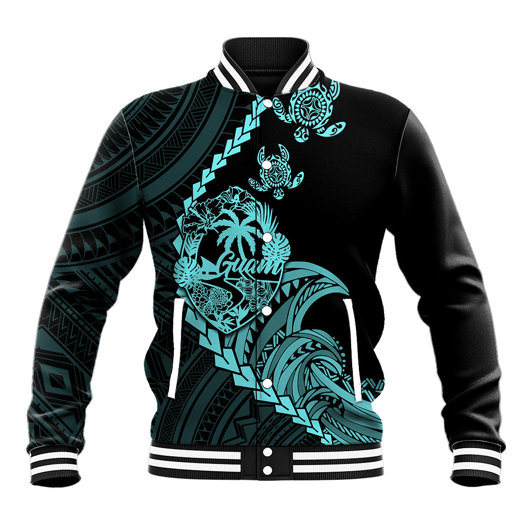 Personalised Guam Baseball Jacket Tribal Turtles Curves Style - Turquoise LT7 Unisex Turquoise - Polynesian Pride