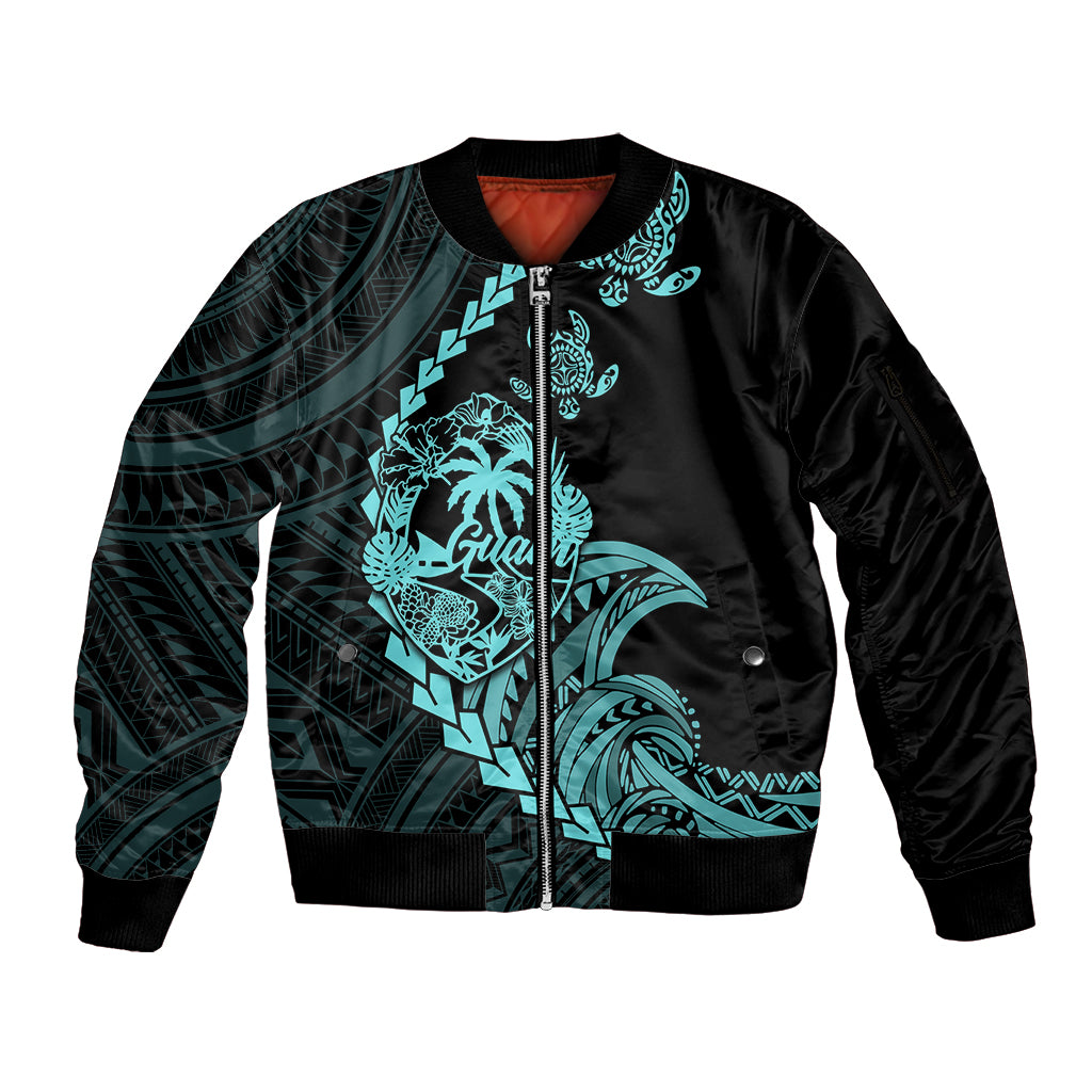 Personalised Guam Sleeve Zip Bomber Jacket Tribal Turtles Curves Style - Turquoise LT7 Unisex Turquoise - Polynesian Pride