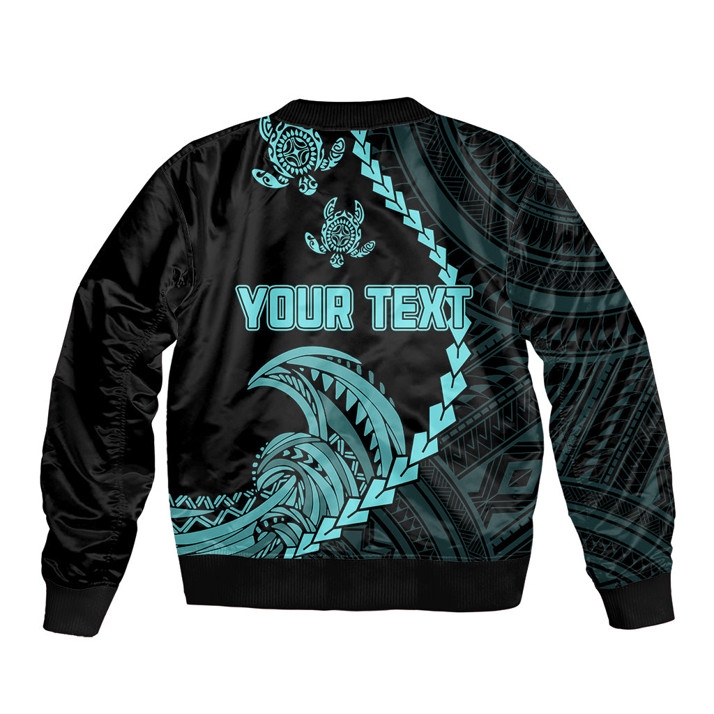Personalised Guam Sleeve Zip Bomber Jacket Tribal Turtles Curves Style - Turquoise LT7 - Polynesian Pride
