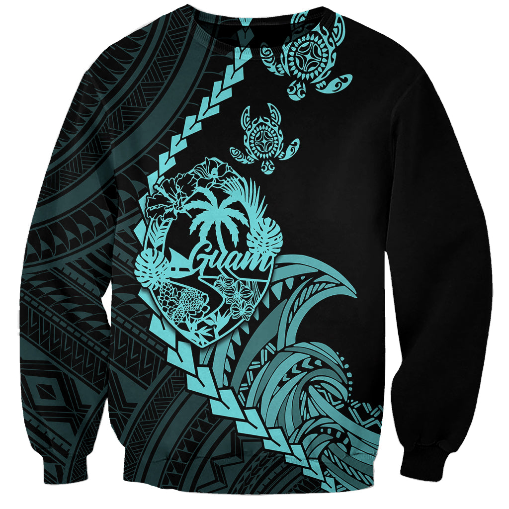 Personalised Guam Sweatshirt Tribal Turtles Curves Style - Turquoise LT7 Unisex Turquoise - Polynesian Pride
