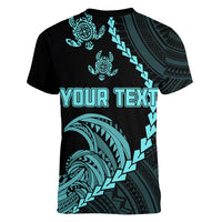 Personalised Guam Women V Neck T Shirt Tribal Turtles Curves Style - Turquoise LT7 - Polynesian Pride